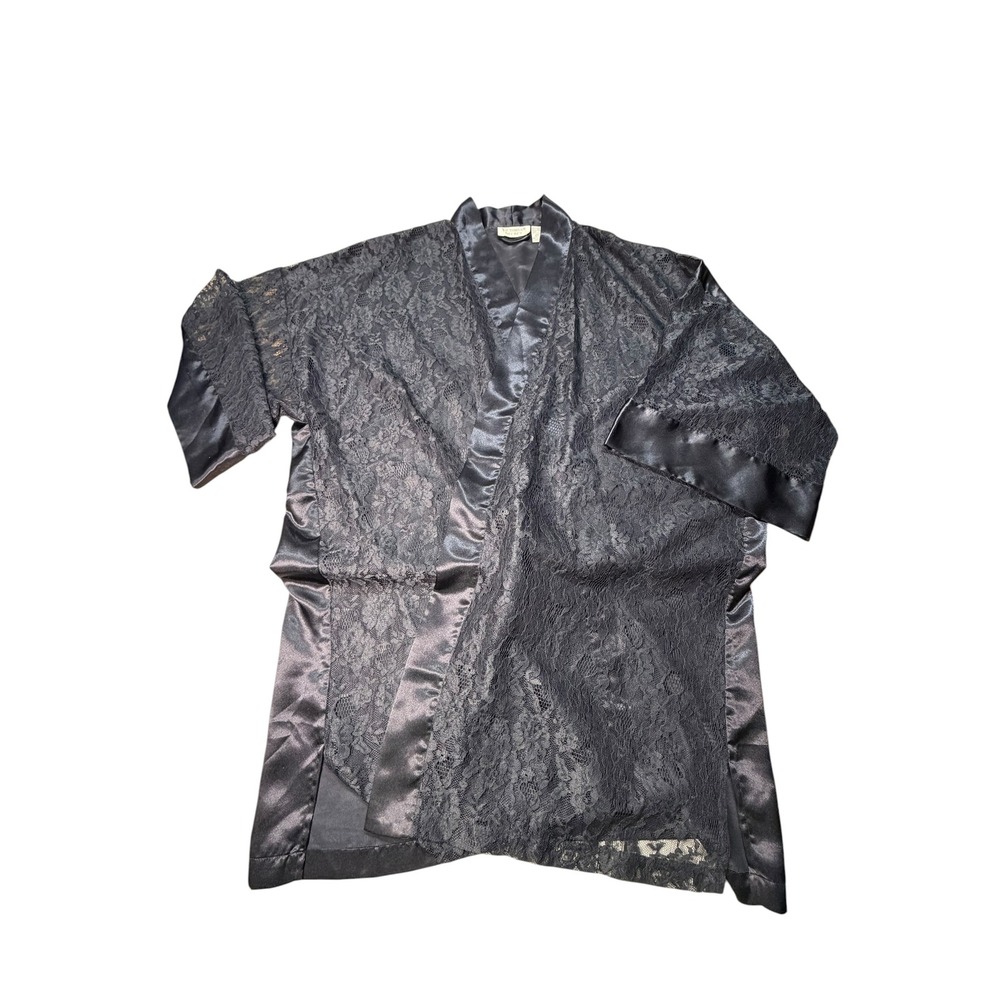 Vintage Victorias Secret Gold Label Black Lace Robe Kimono Satin Trim One Size - Picture 2 of 6